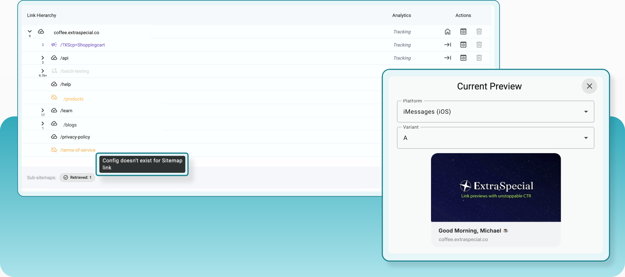 The ExtraSpecial coverage view: a link hierarchy with tracking status beside a current-preview inspector.