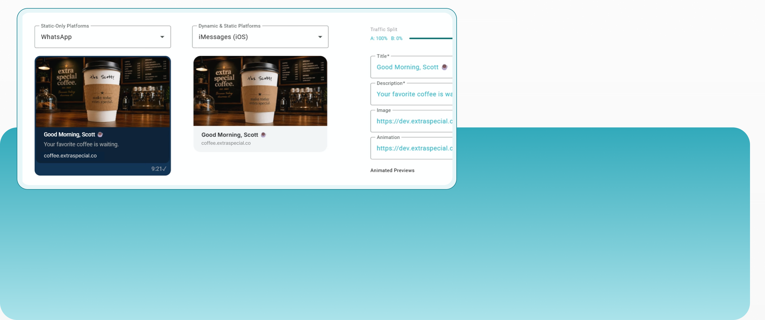 The ExtraSpecial console configuring a link preview, with the resolved URL hierarchy shown beneath it.
