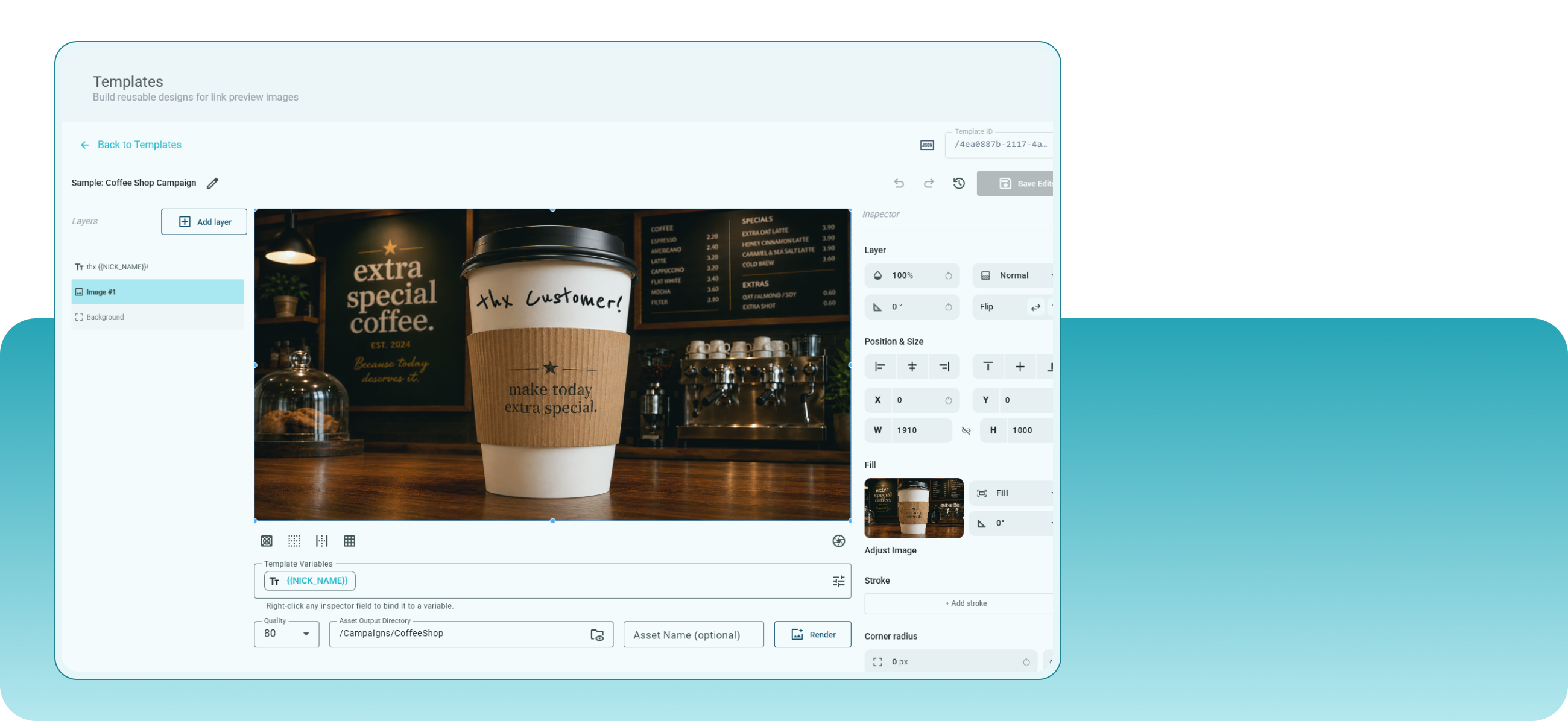The ExtraSpecial templates workspace with a campaign template open and a detail card floating above it.